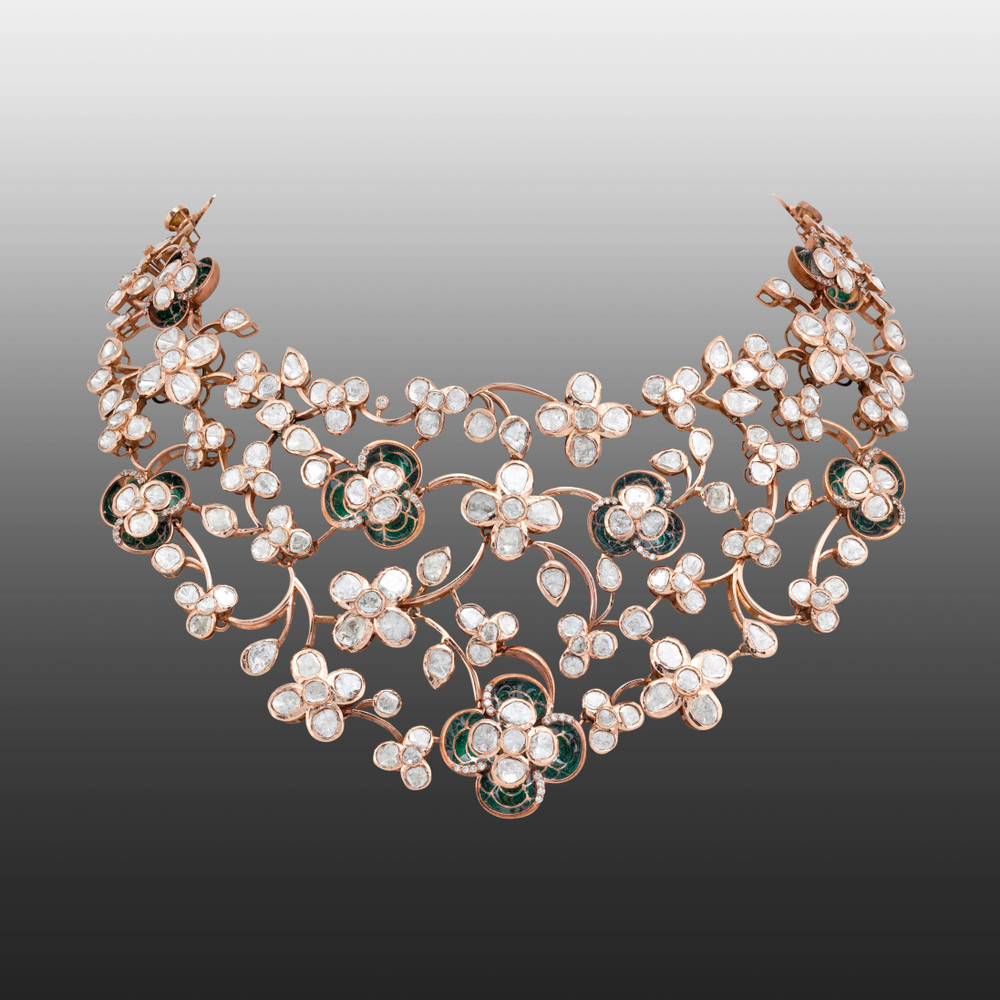 Green Enamel Polki Floral Necklace with Diamond Accents