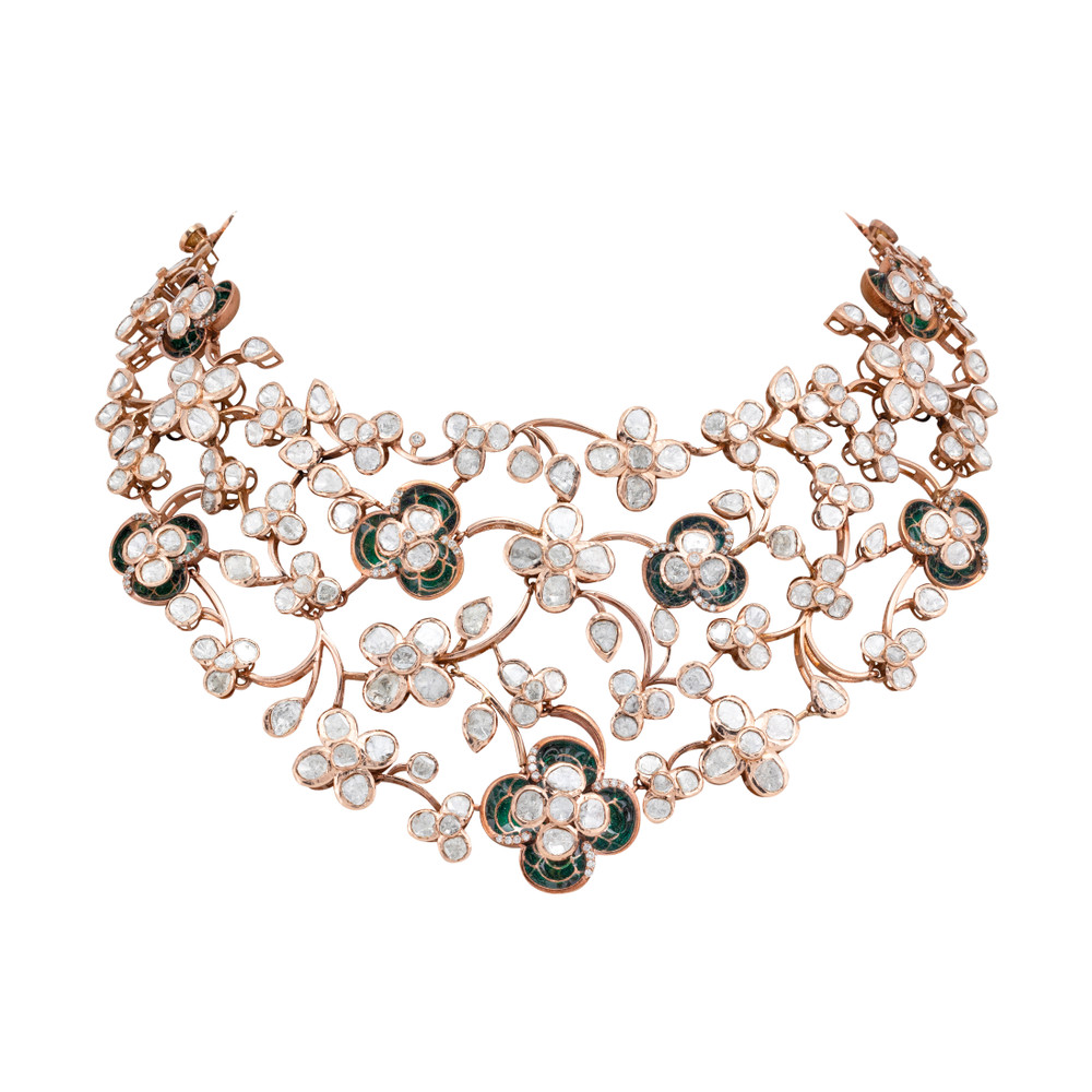 Green Enamel Polki Floral Necklace with Diamond Accents