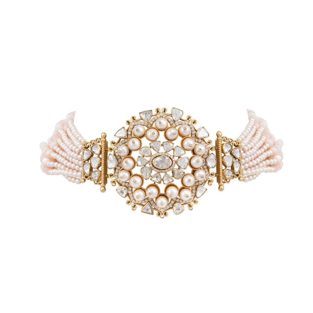 Filigree Pearl Choker with Polki and Full-Cut Diamond