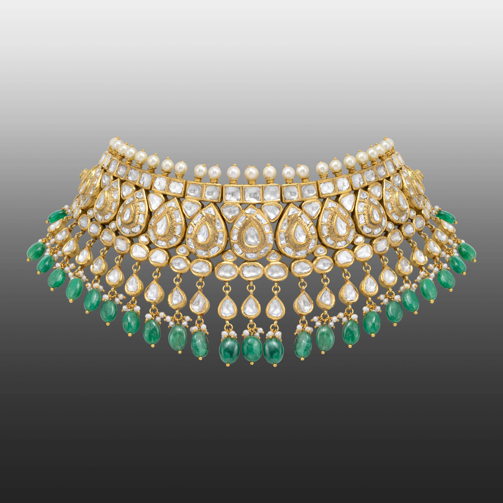 Bridal Pear Polki Choker with Emerald Maniya and Pearl Fungar