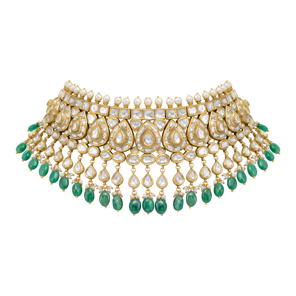 Bridal Pear Polki Choker with Emerald Maniya and Pearl Fungar