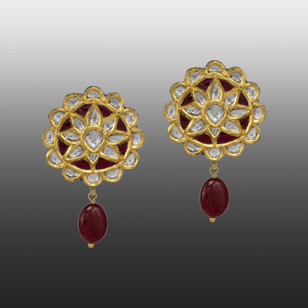 Ruby Drop Studs with Red Talaf Floral Polki