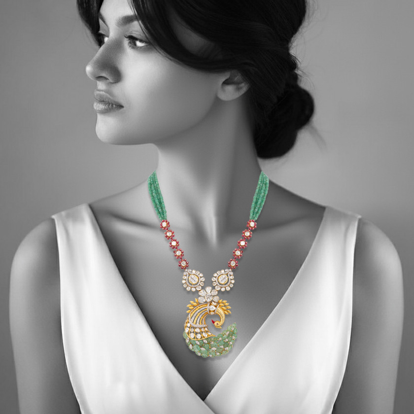 Ruby and Emerald Peacock Pendant Necklace