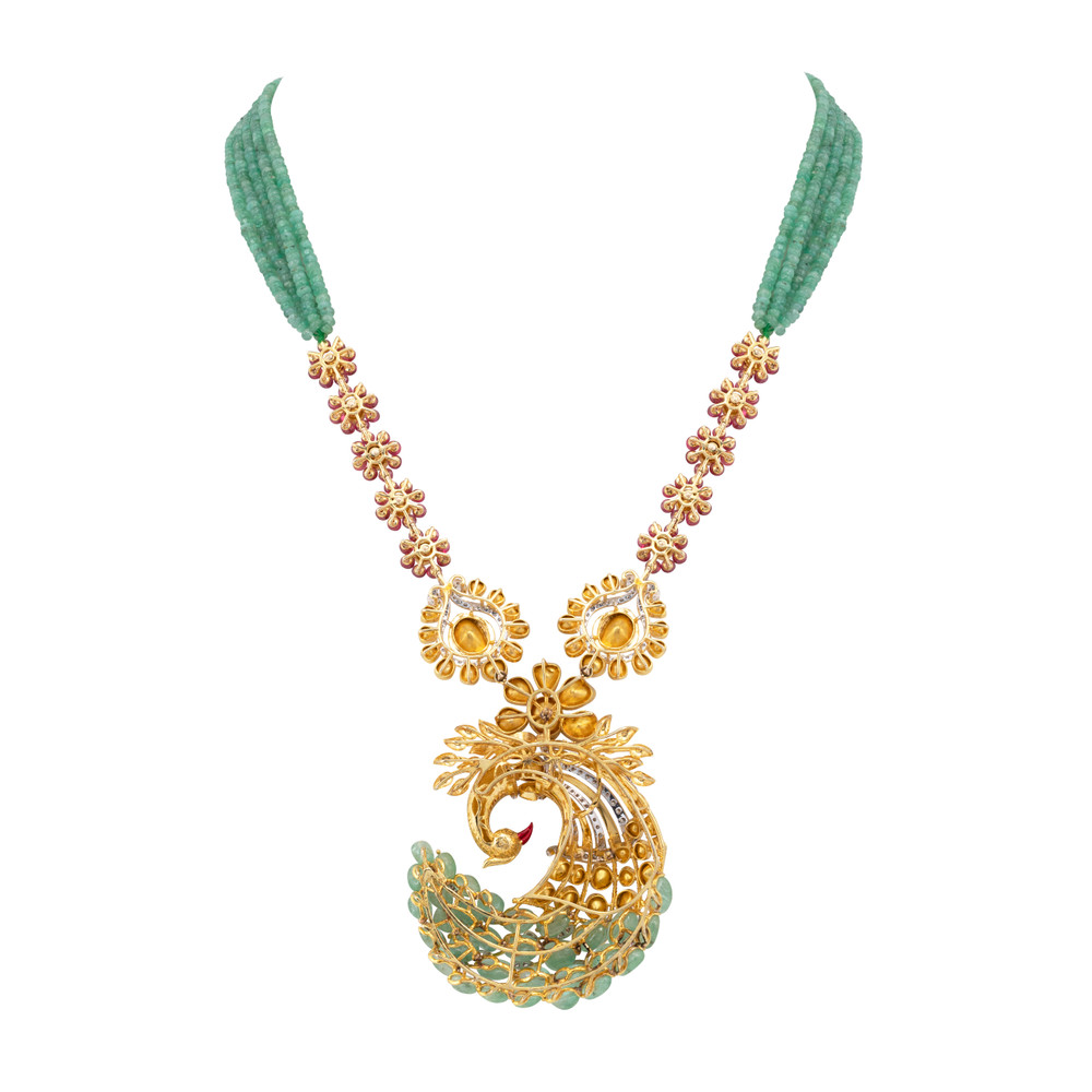 Ruby and Emerald Peacock Pendant Necklace