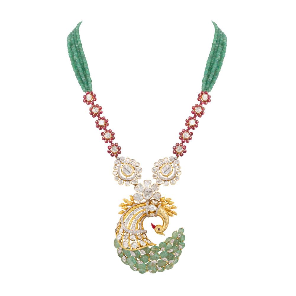 Ruby and Emerald Peacock Pendant Necklace