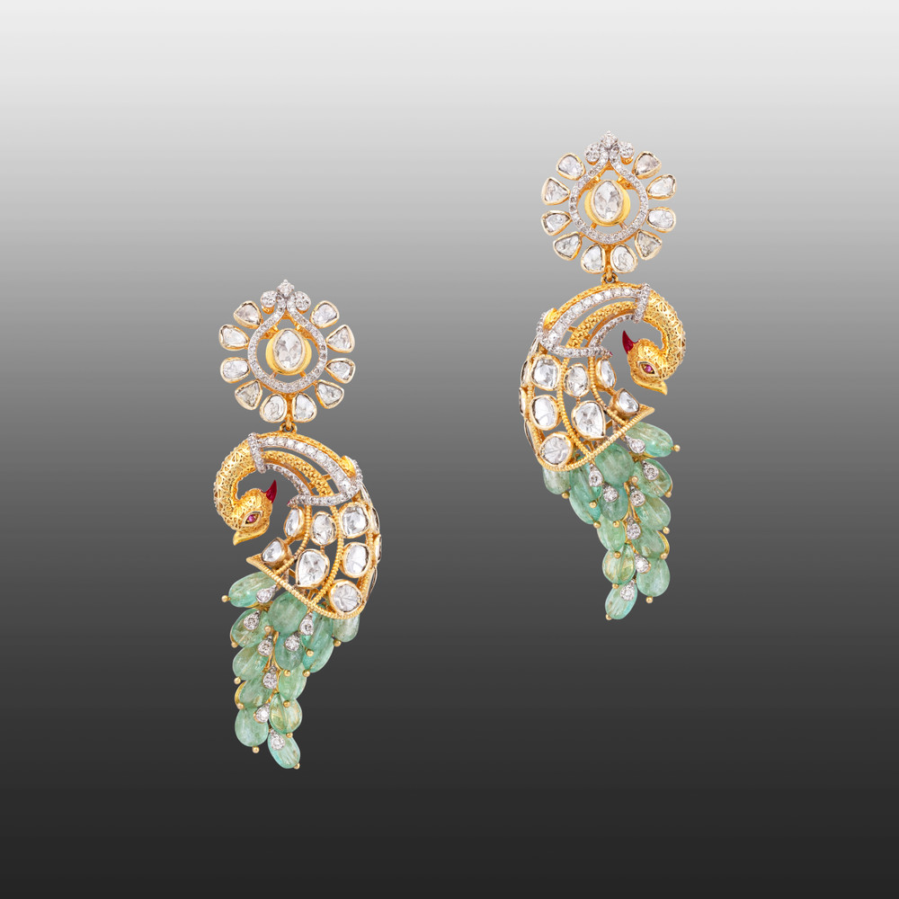 Emerald Feather Polki Peacock Drop Earrings