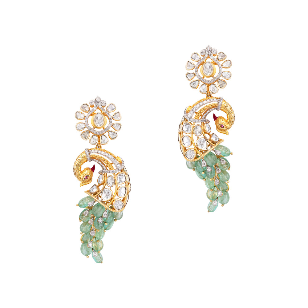 Emerald Feather Polki Peacock Drop Earrings