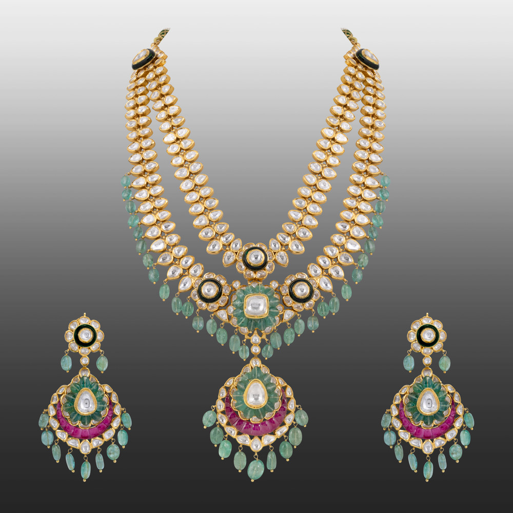 Two-Layer Polki Bridal Set with Ruby Talaf & Emerald Drops