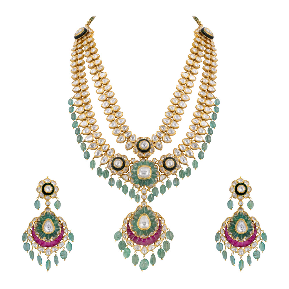 Two-Layer Polki Bridal Set with Ruby Talaf & Emerald Drops