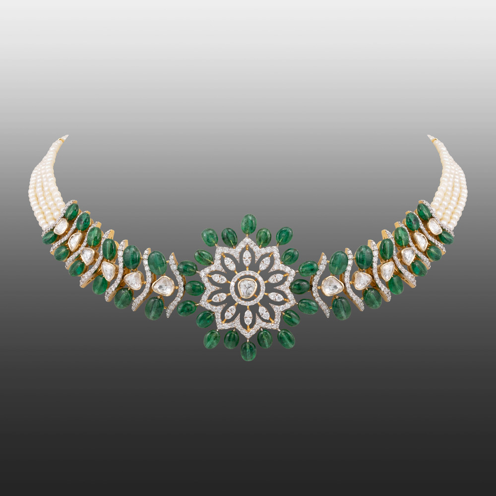 Floral Diamond Choker with Emerald Beads and Pearl Strands