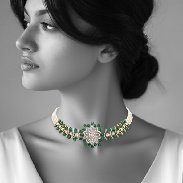 Floral Diamond Choker with Emerald Beads and Pearl Strands