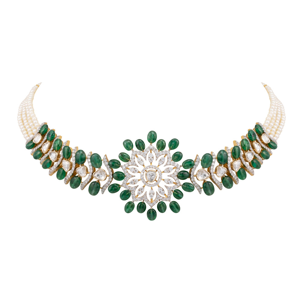 Floral Diamond Choker with Emerald Beads and Pearl Strands