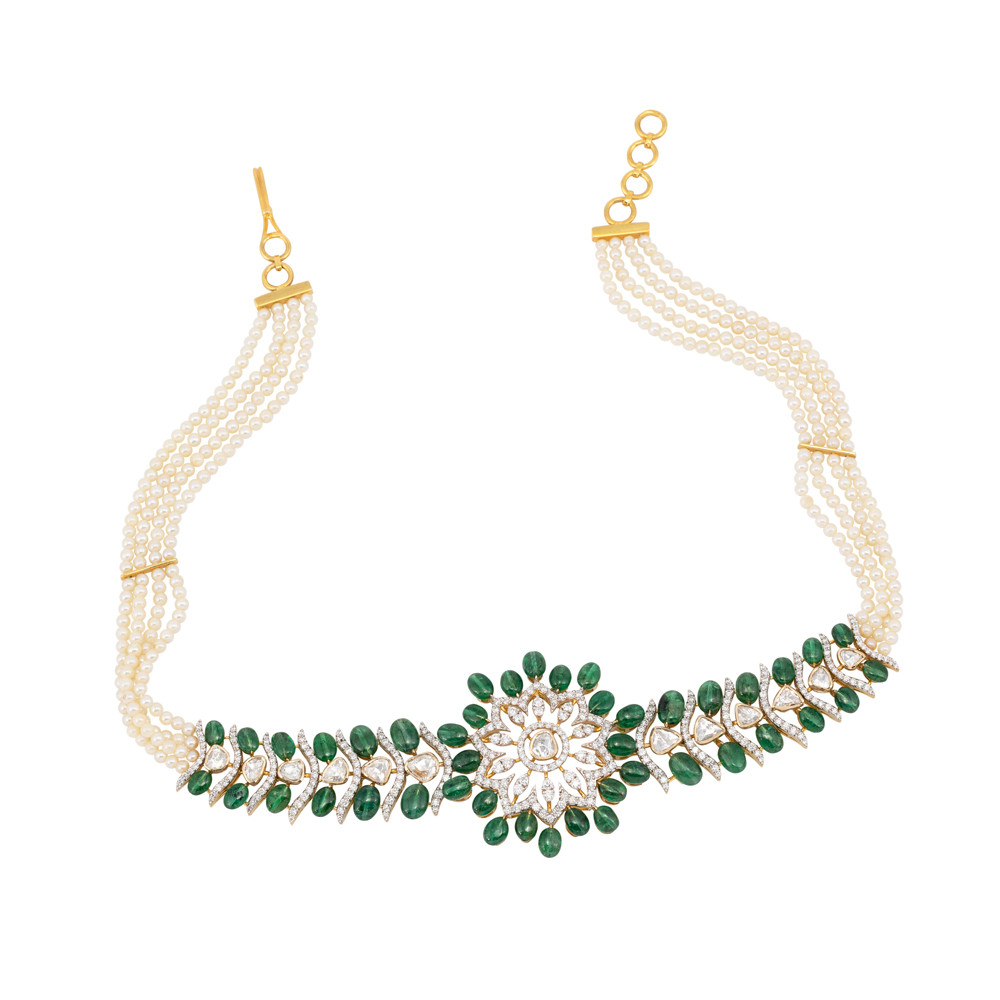 Floral Diamond Choker with Emerald Beads and Pearl Strands