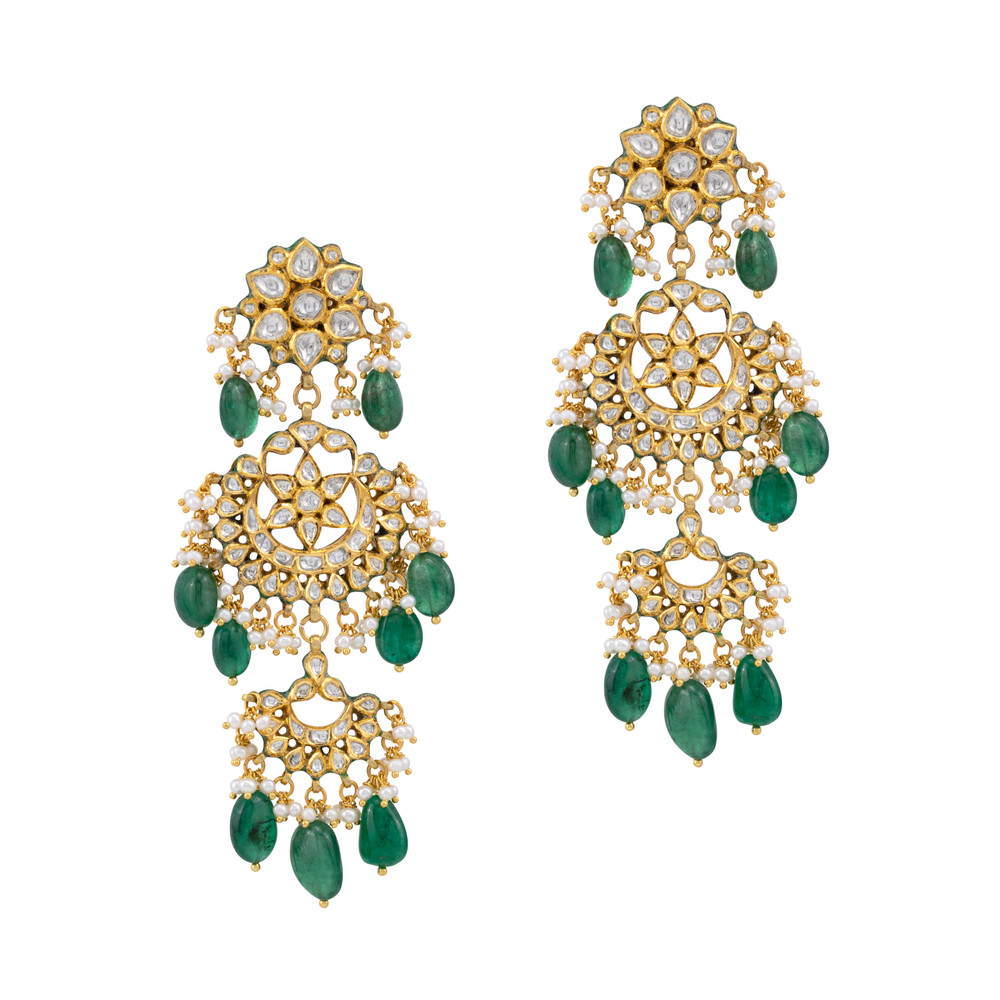 Double-Tier Chandbali Earrings with Emerald and Pearl Drops