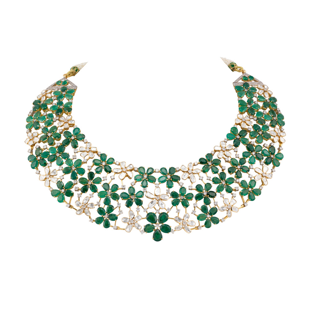 Floral Web Necklace with Emeralds and Polki Detailing