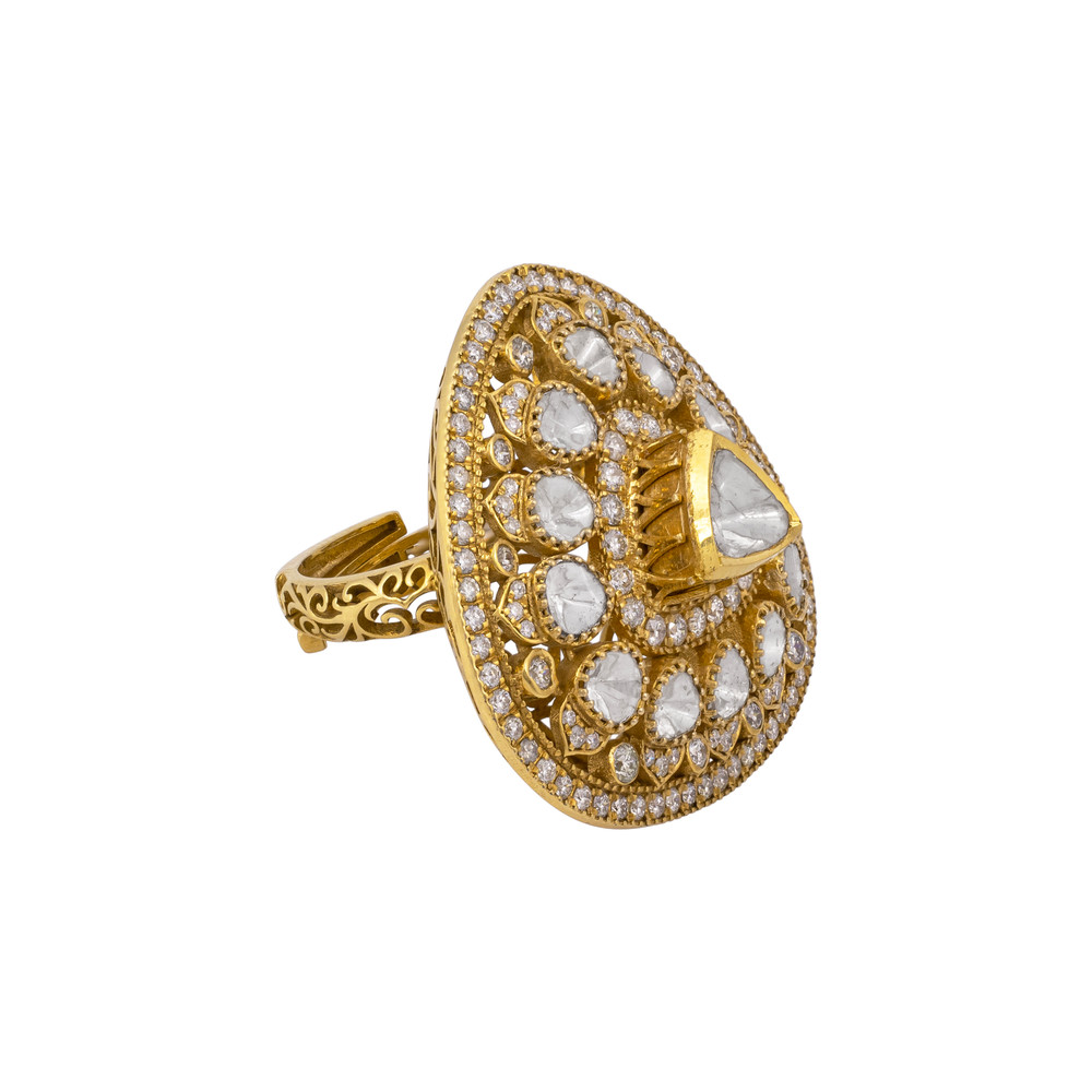 Triangular Jadau Ring in Ivory Gold Finish