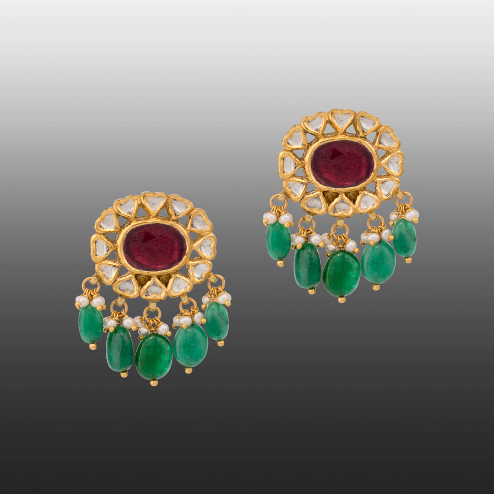 Floral Polki Earring with Ruby Centre and Emerald Drops