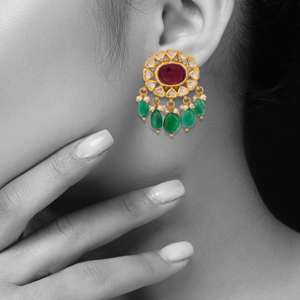 Floral Polki Earring with Ruby Centre and Emerald Drops