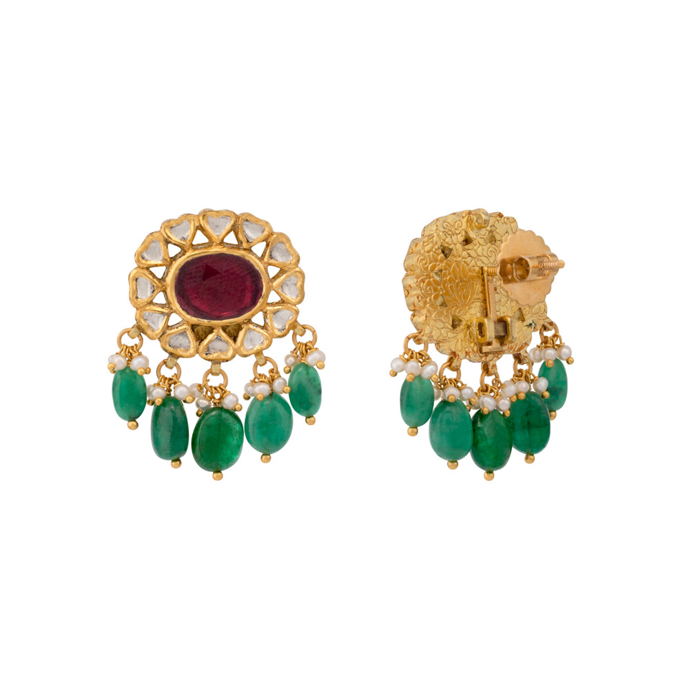 Floral Polki Earring with Ruby Centre and Emerald Drops