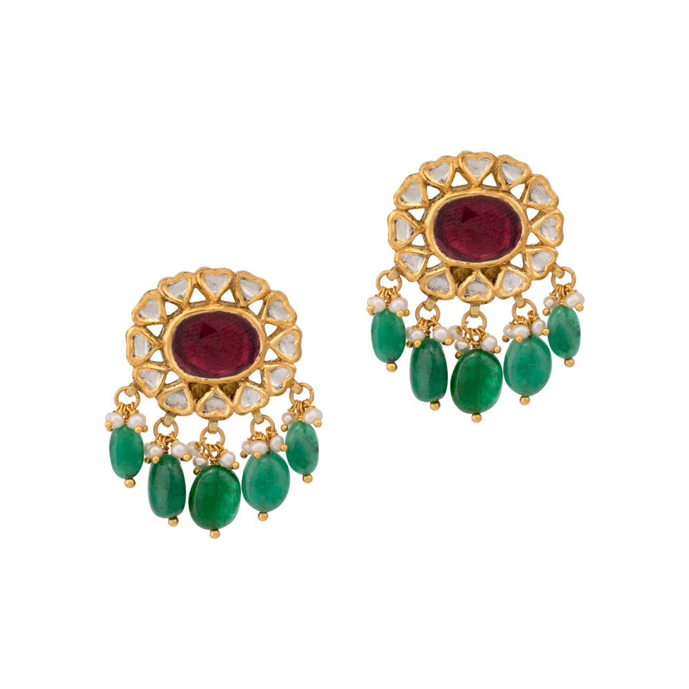 Floral Polki Earring with Ruby Centre and Emerald Drops