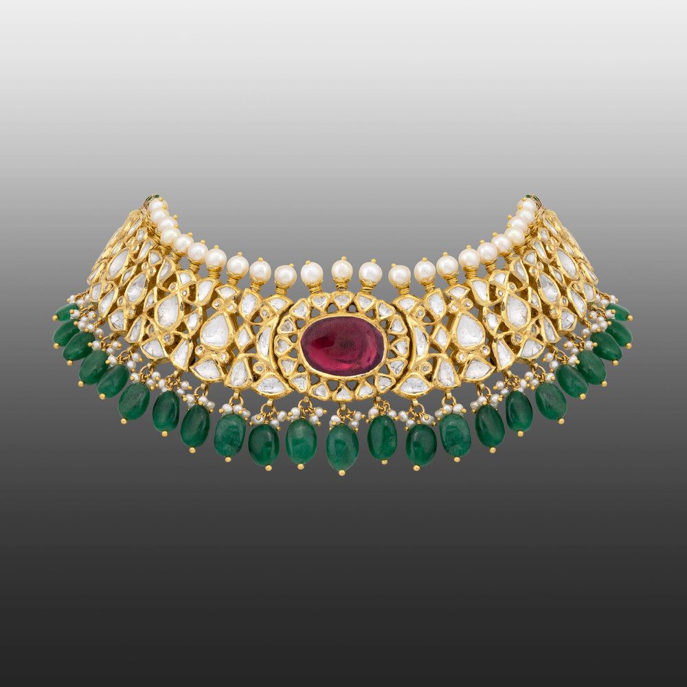 Polki Choker with Central Floral Ruby and Emerald Bead Fringe