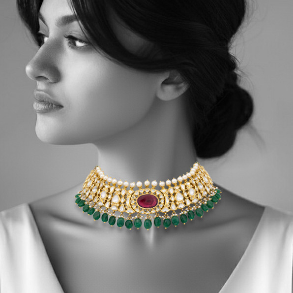 Polki Choker with Central Floral Ruby and Emerald Bead Fringe