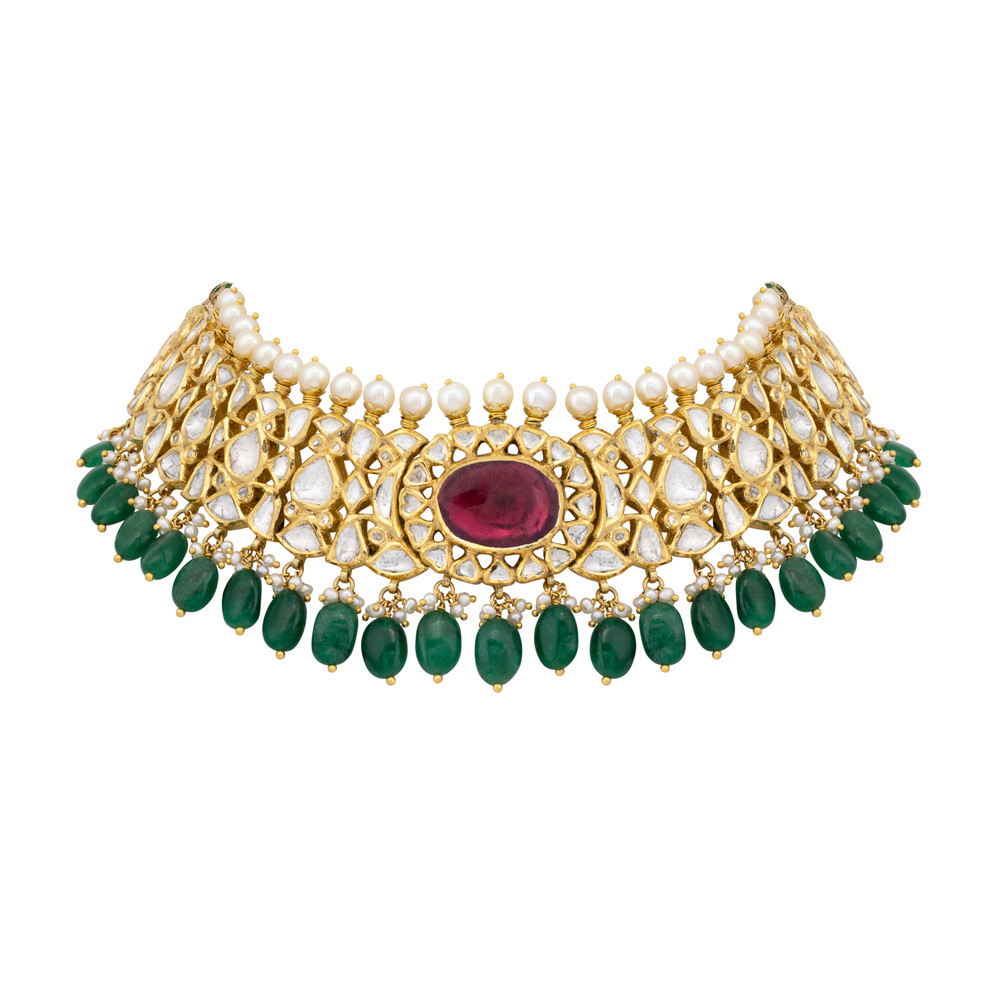 Polki Choker with Central Floral Ruby and Emerald Bead Fringe