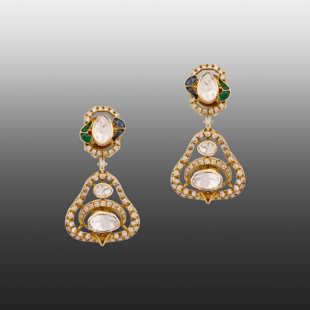 Polki Drop Earring with Blue-Green Talaf Detailing