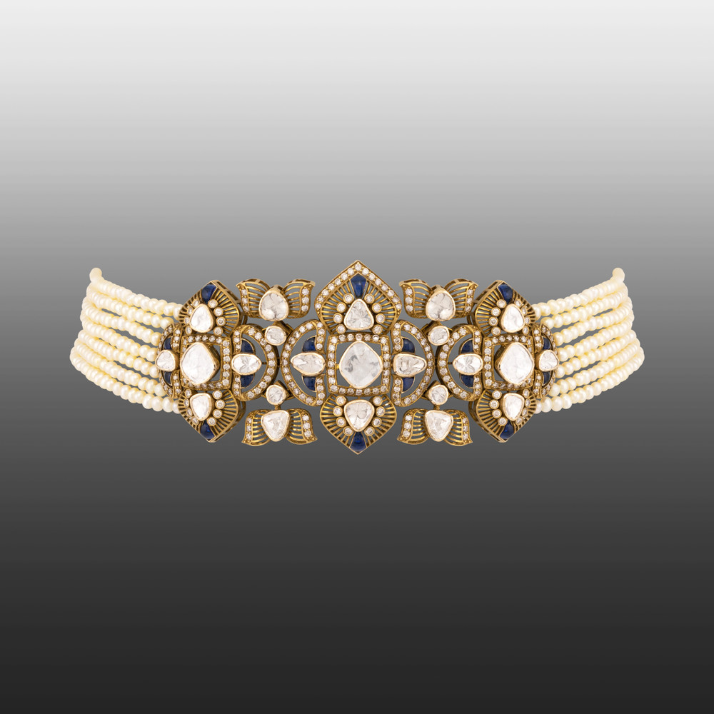 Antique Finish Choker with Blue Detail and Cheed Pearls