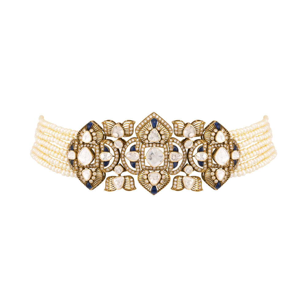 Antique Finish Choker with Blue Detail and Cheed Pearls