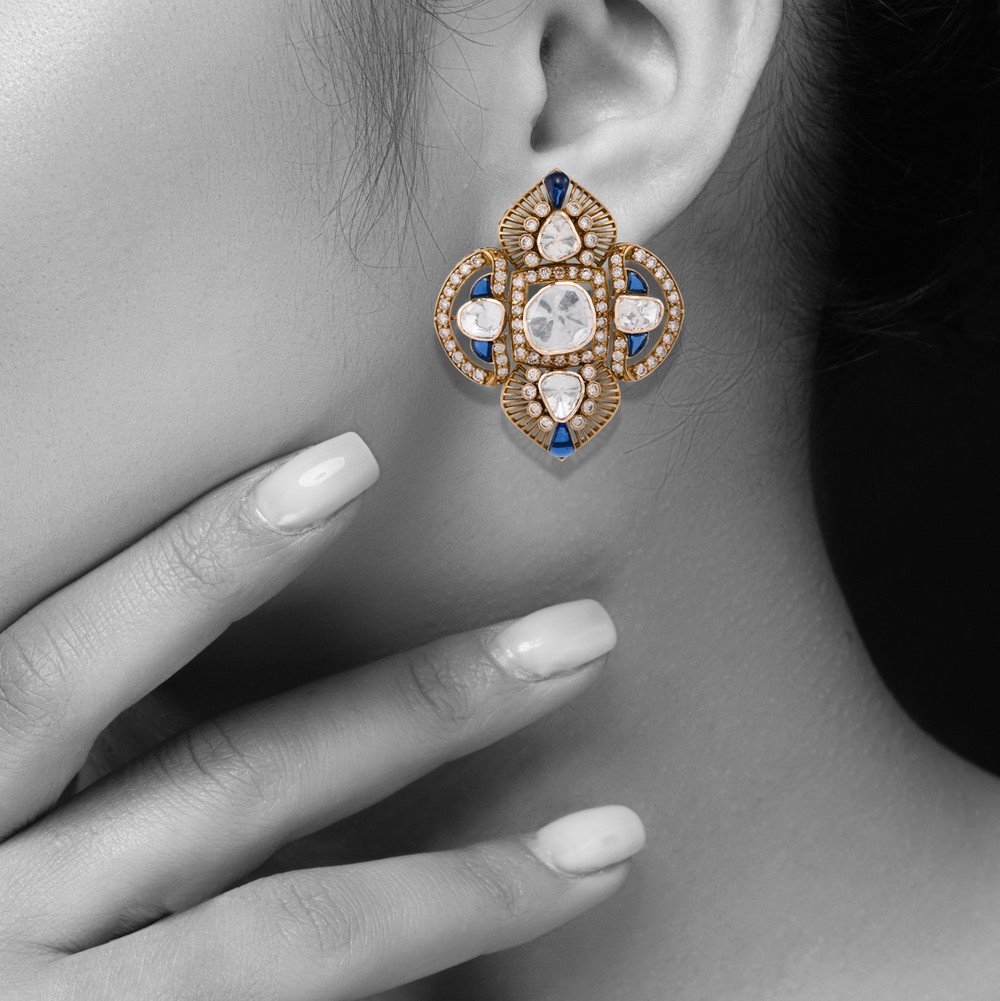 Antique Finish Polki Earring with Blue Talaf Detailing