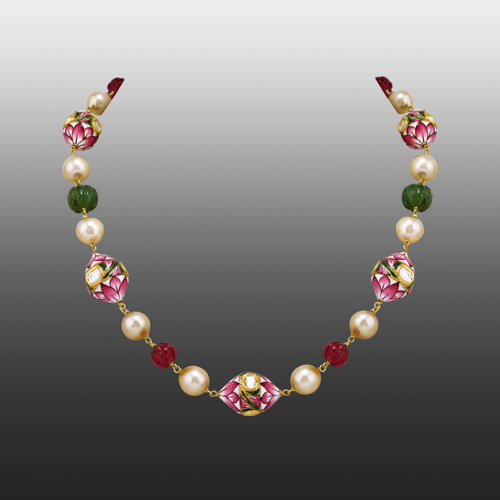 Lotus Enamel Necklace with Polki, Pearls and Carved Beads