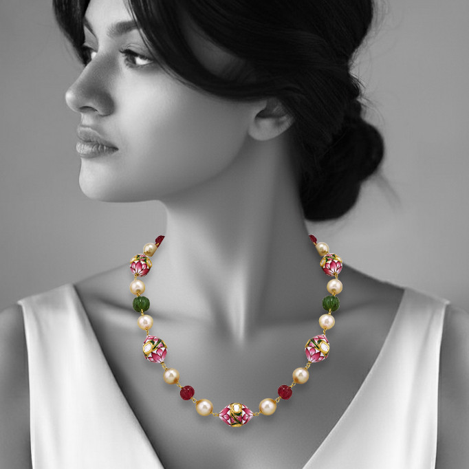 Lotus Enamel Necklace with Polki, Pearls and Carved Beads