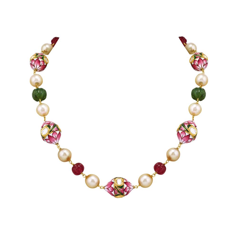 Lotus Enamel Necklace with Polki, Pearls and Carved Beads