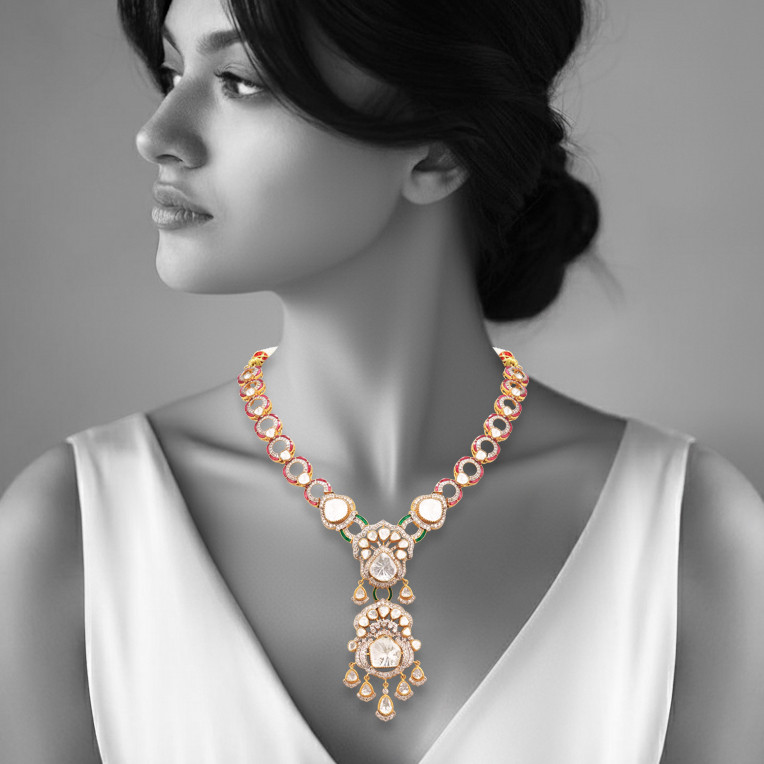 Double Polki Pendant Necklace with Ruby-Emerald Talaf