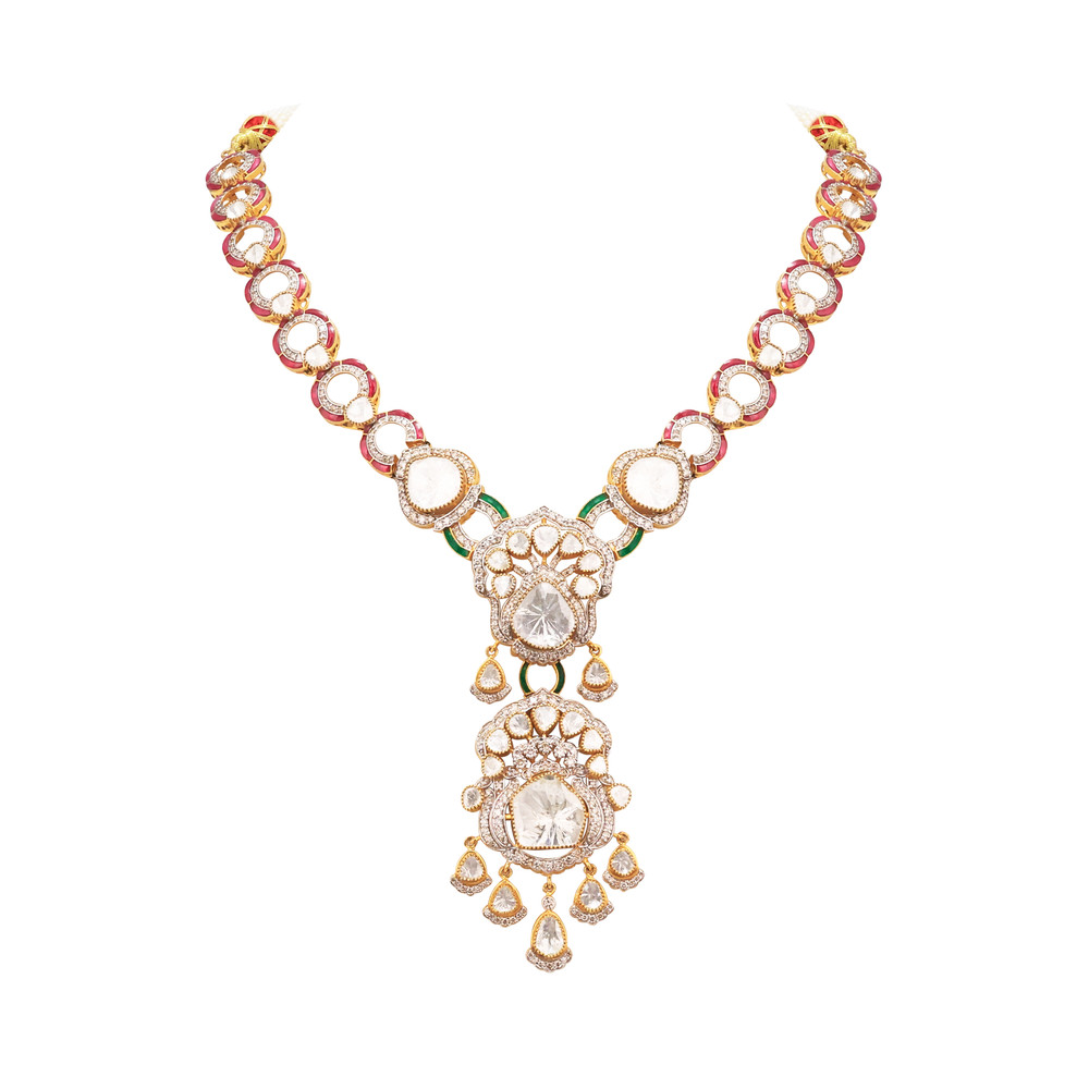 Double Polki Pendant Necklace with Ruby-Emerald Talaf