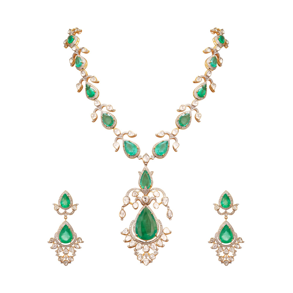 Pear Emerald Necklace Set with Diamond and Polki Detailing