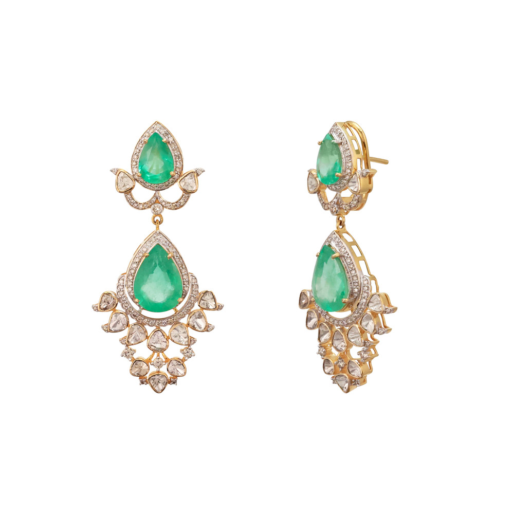 Pear Emerald Necklace Set with Diamond and Polki Detailing