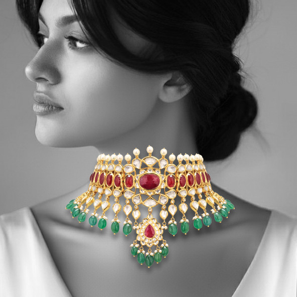 Polki Choker with Ruby Cabochon and Emerald Beads