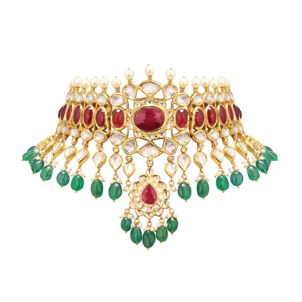 Polki Choker with Ruby Cabochon and Emerald Beads