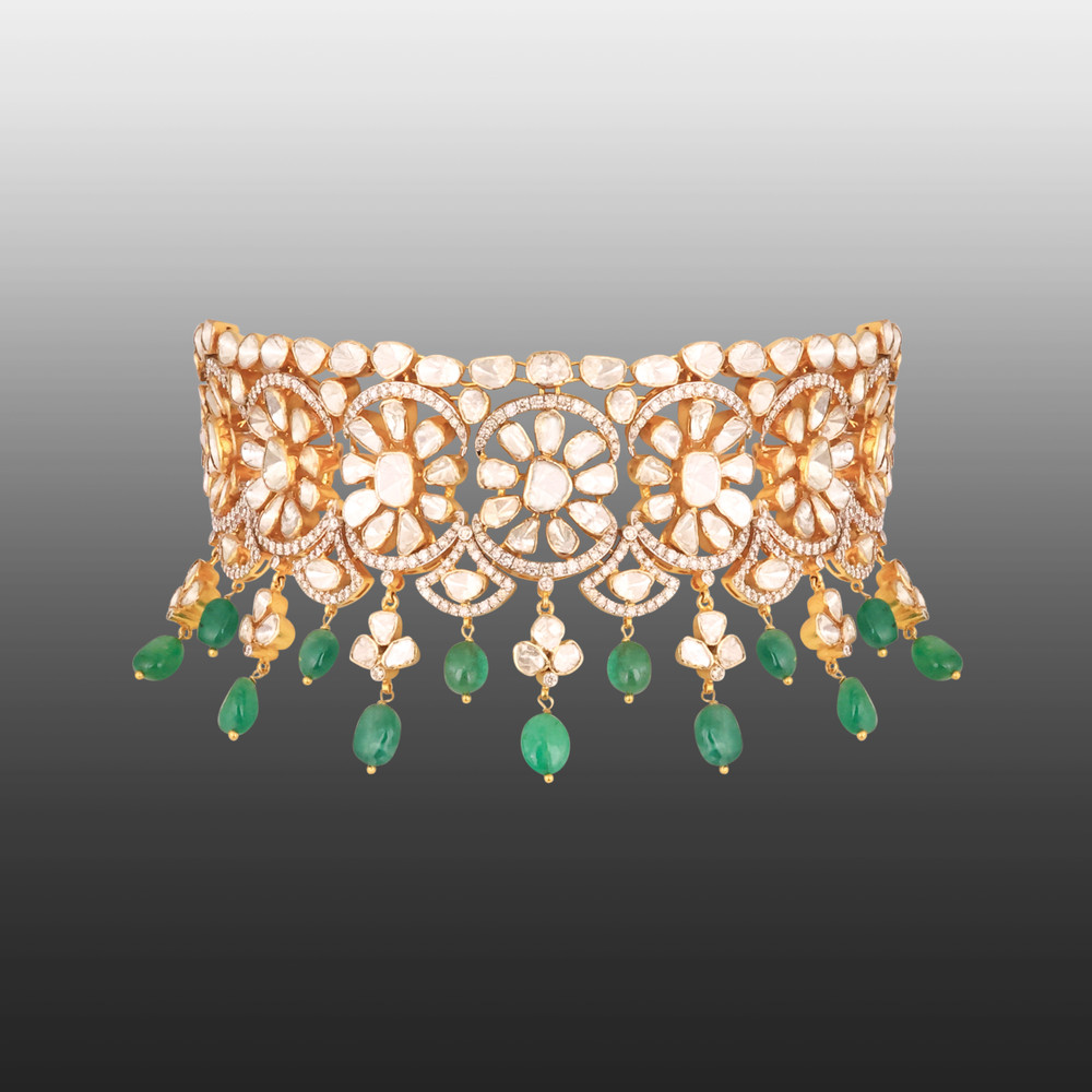 Floral Polki Choker with Emerald Beads