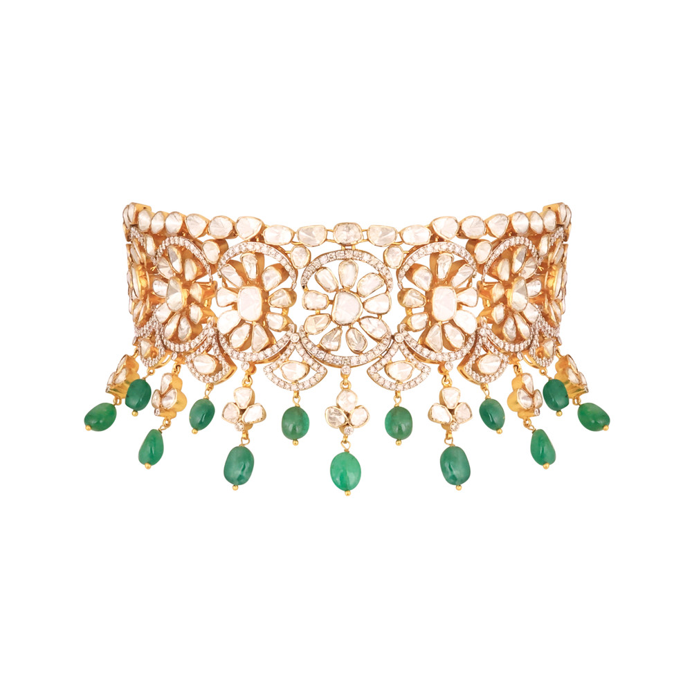 Floral Polki Choker with Emerald Beads