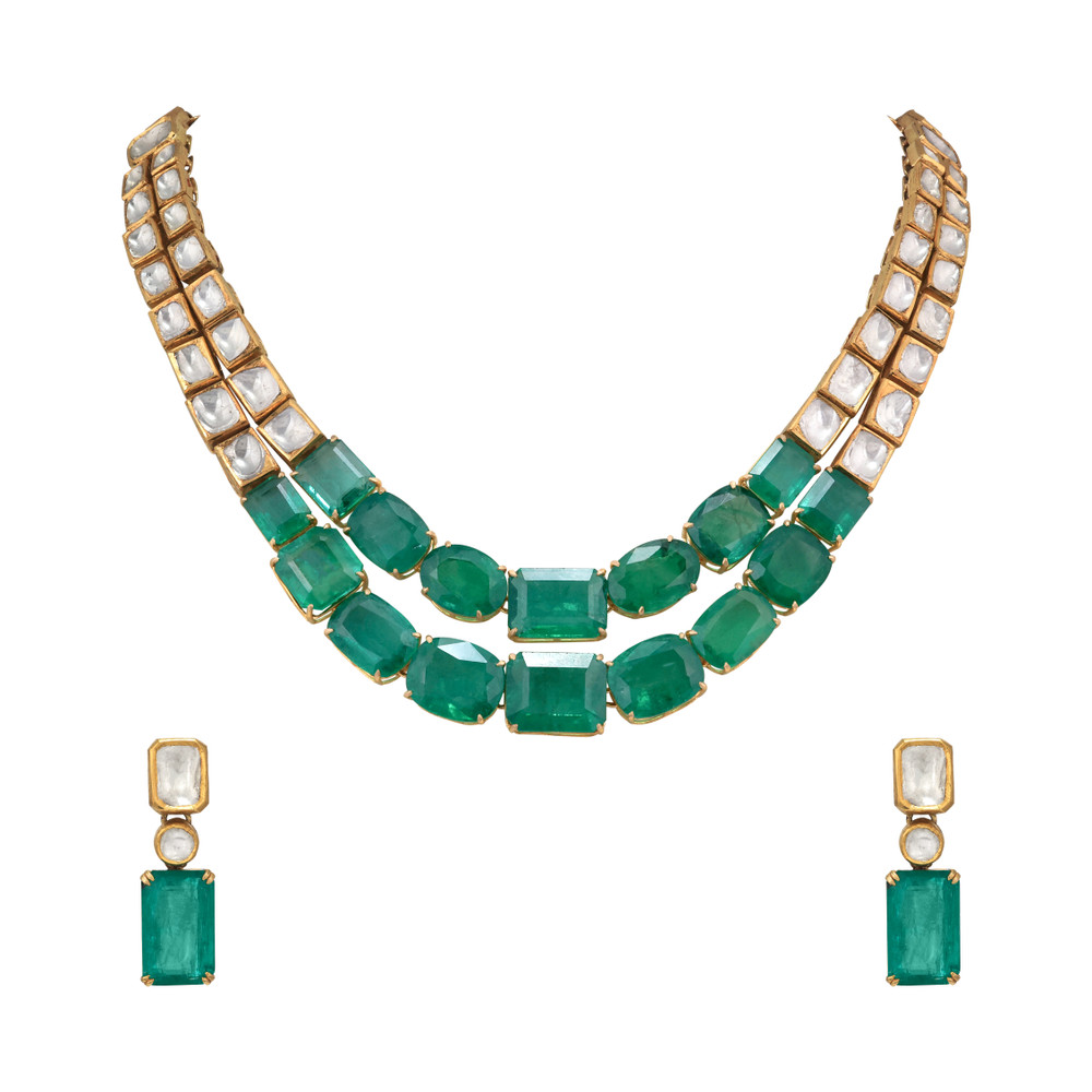 Emerald and Polki Double-Line Necklace