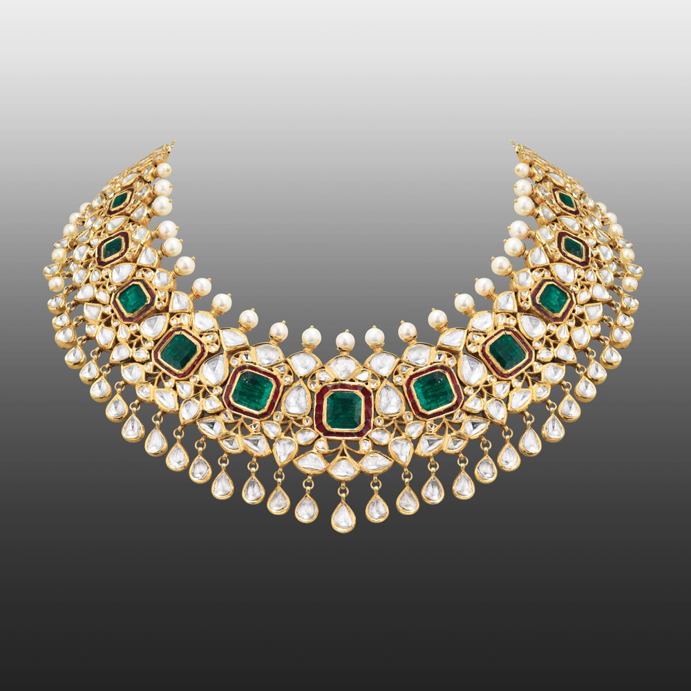 Traditional Polki Jadau with Emerald-Ruby Accents