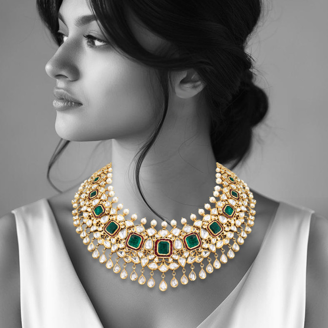 Traditional Polki Jadau with Emerald-Ruby Accents