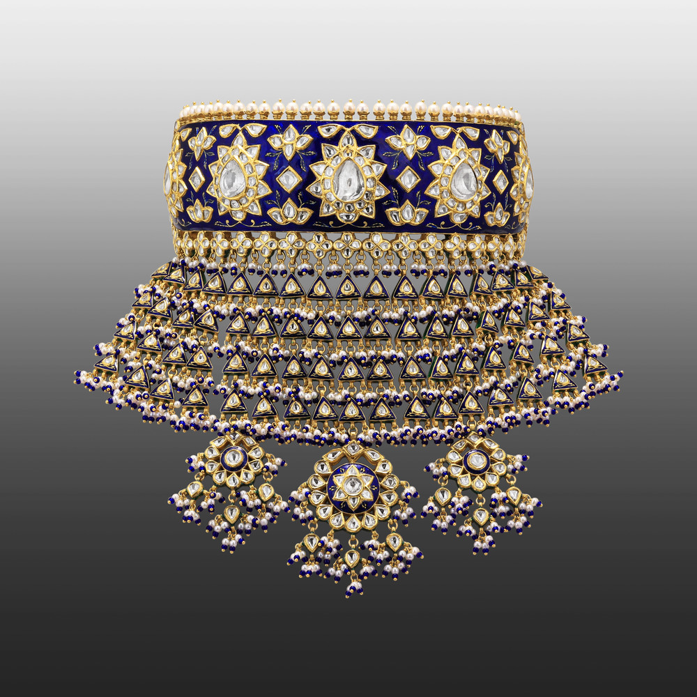 Blue Meenakari Choker with Triangular Polki Layers