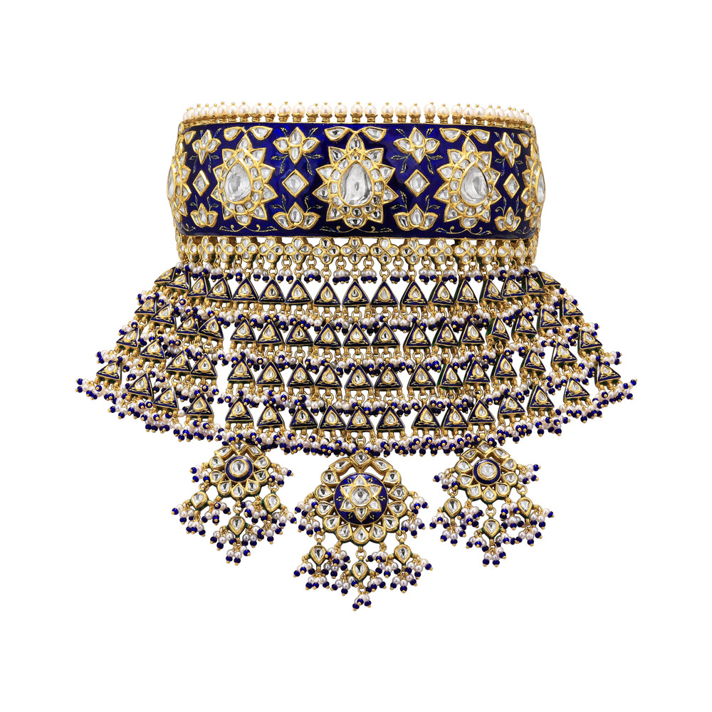 Blue Meenakari Choker with Triangular Polki Layers