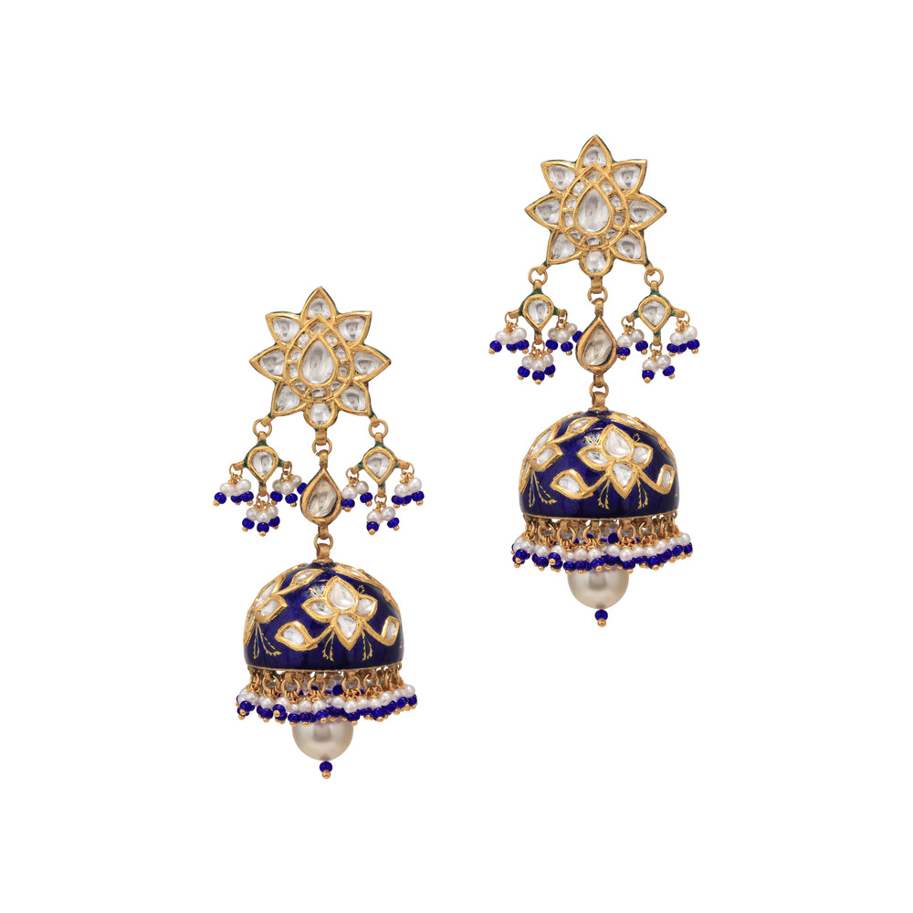 Blue Meenakari Jhumki with Polki and South Sea Pearl Drop