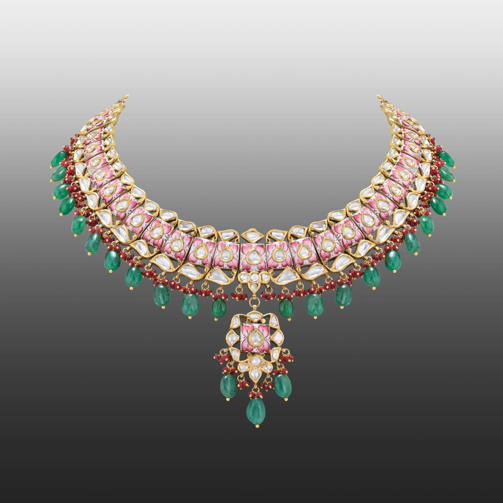 Pink Floral Polki Necklace with Emerald Maniya and Red Beads
