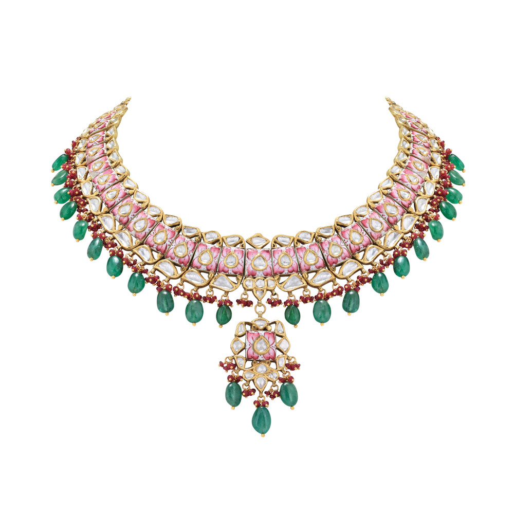 Pink Floral Polki Necklace with Emerald Maniya and Red Beads